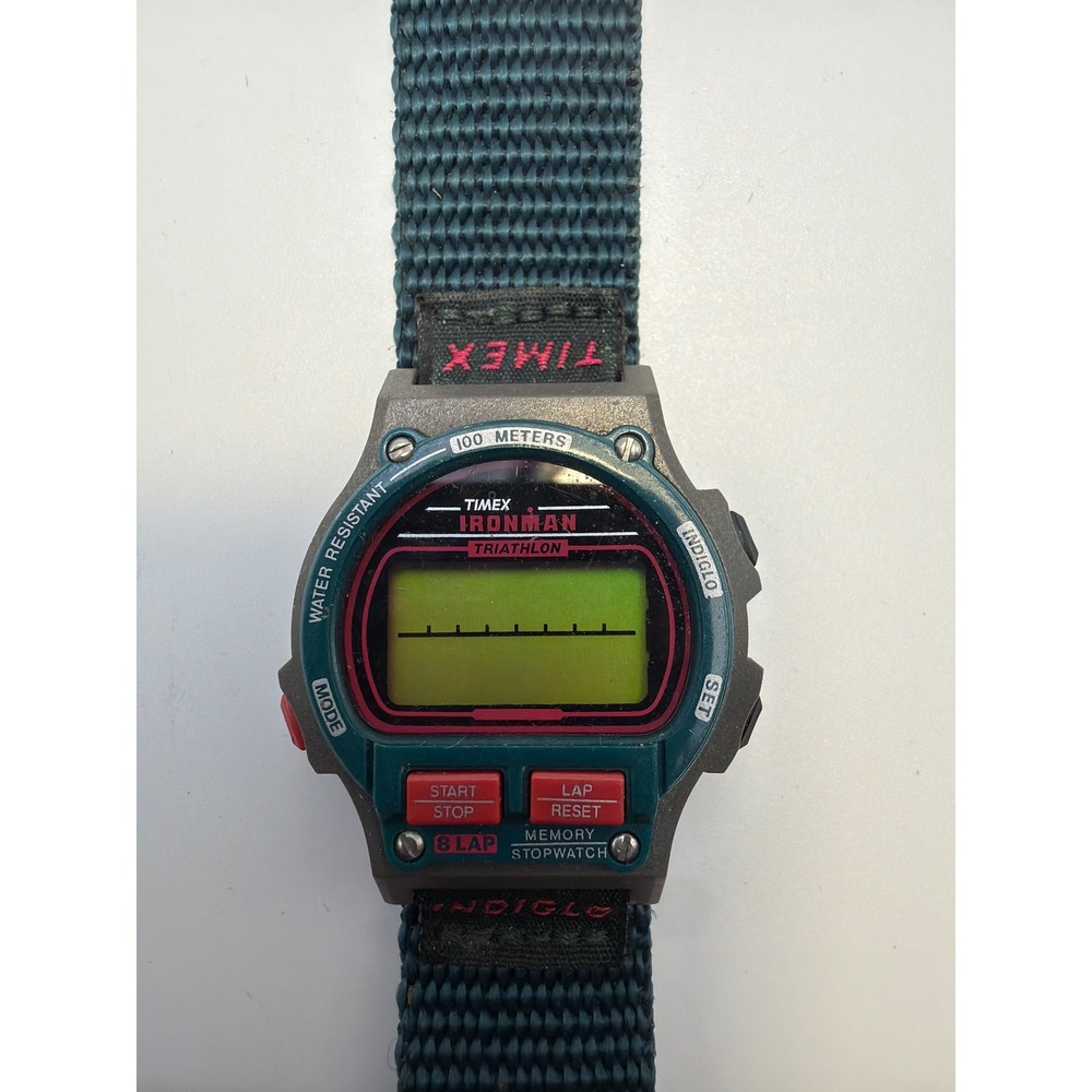 Vintage Timex Ironman Triathlon 8 Lap Indiglo Digital Watch Teal Blue Strap